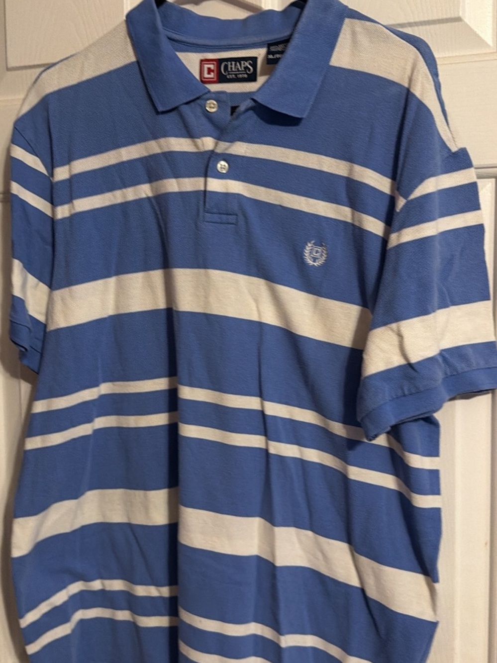 Chaps Men’s Light Blue and White Striped Polo